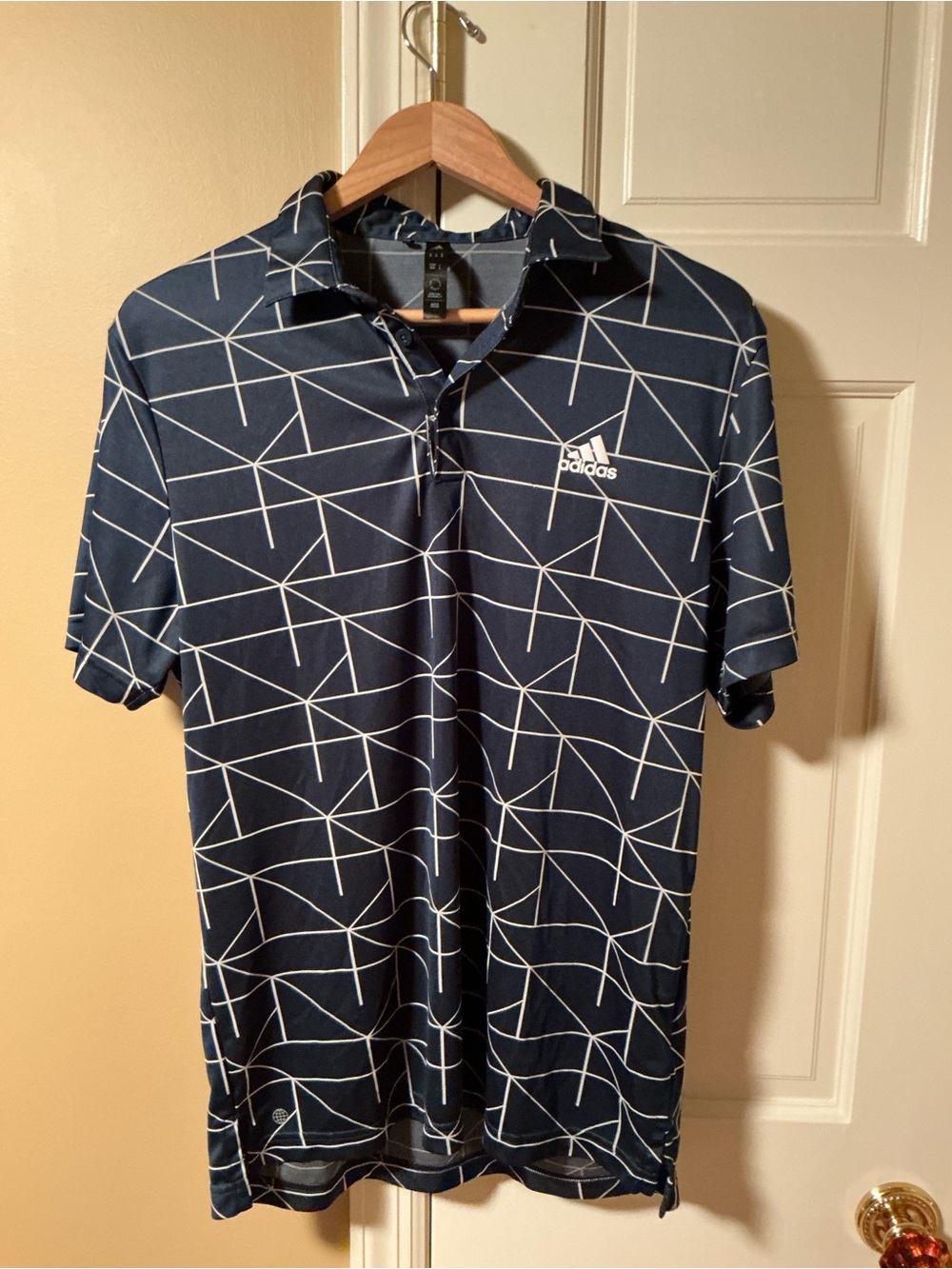 Adidas Polo Shirt Men's Blue White Geometric Print Logo Short Sleeve Golf